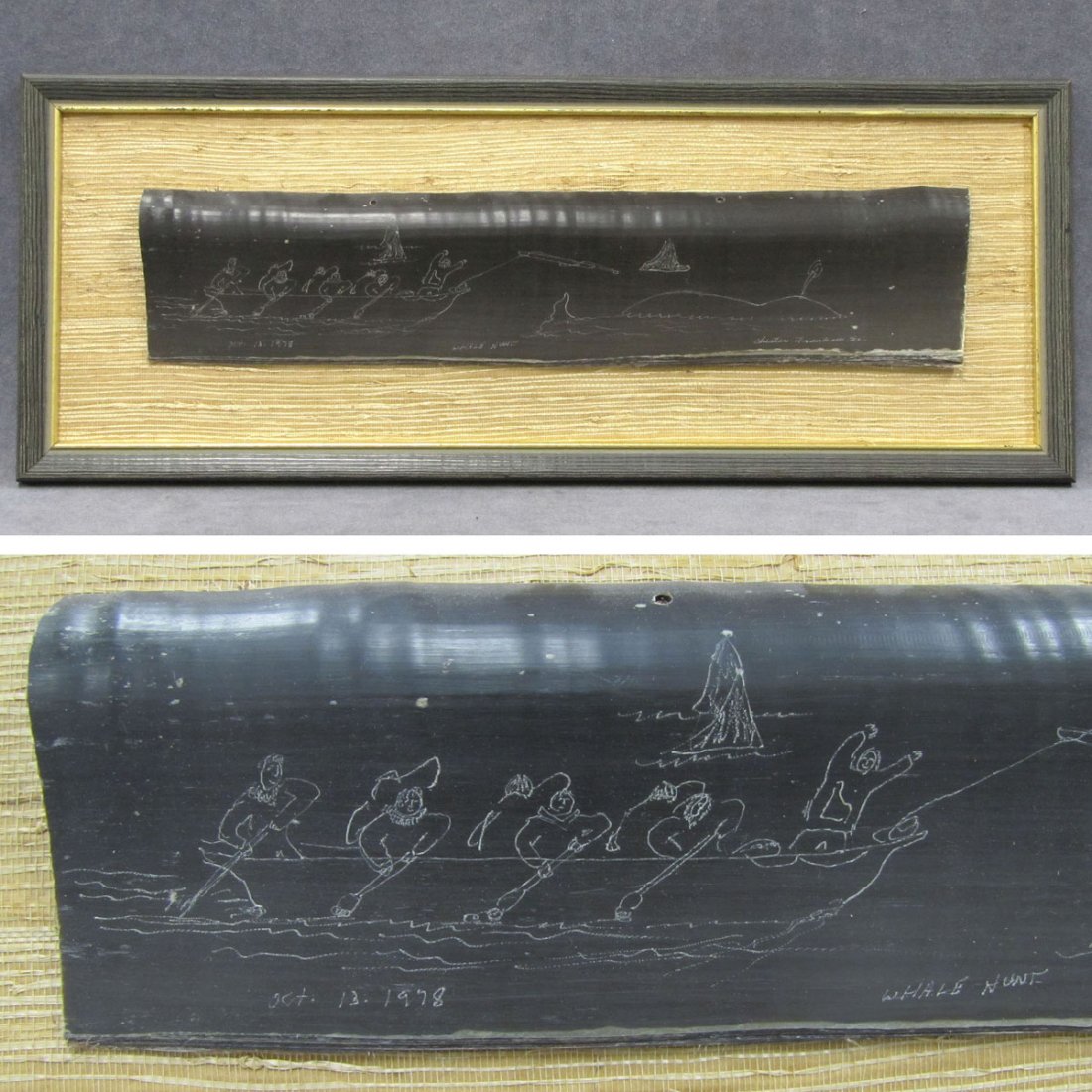 INUIT SCHOOL (20TH CENTURY), SCRIMSHAW ON BALEEN : INUIT SCHOOL (20TH CENTURY), SCRIMSHAW ON BALEEN, "WHALE HUNT", SIGNED AND TITLED CHESTER FRANKSON, OCT 13, 1978. FRAMED 8 1/4 X 21"