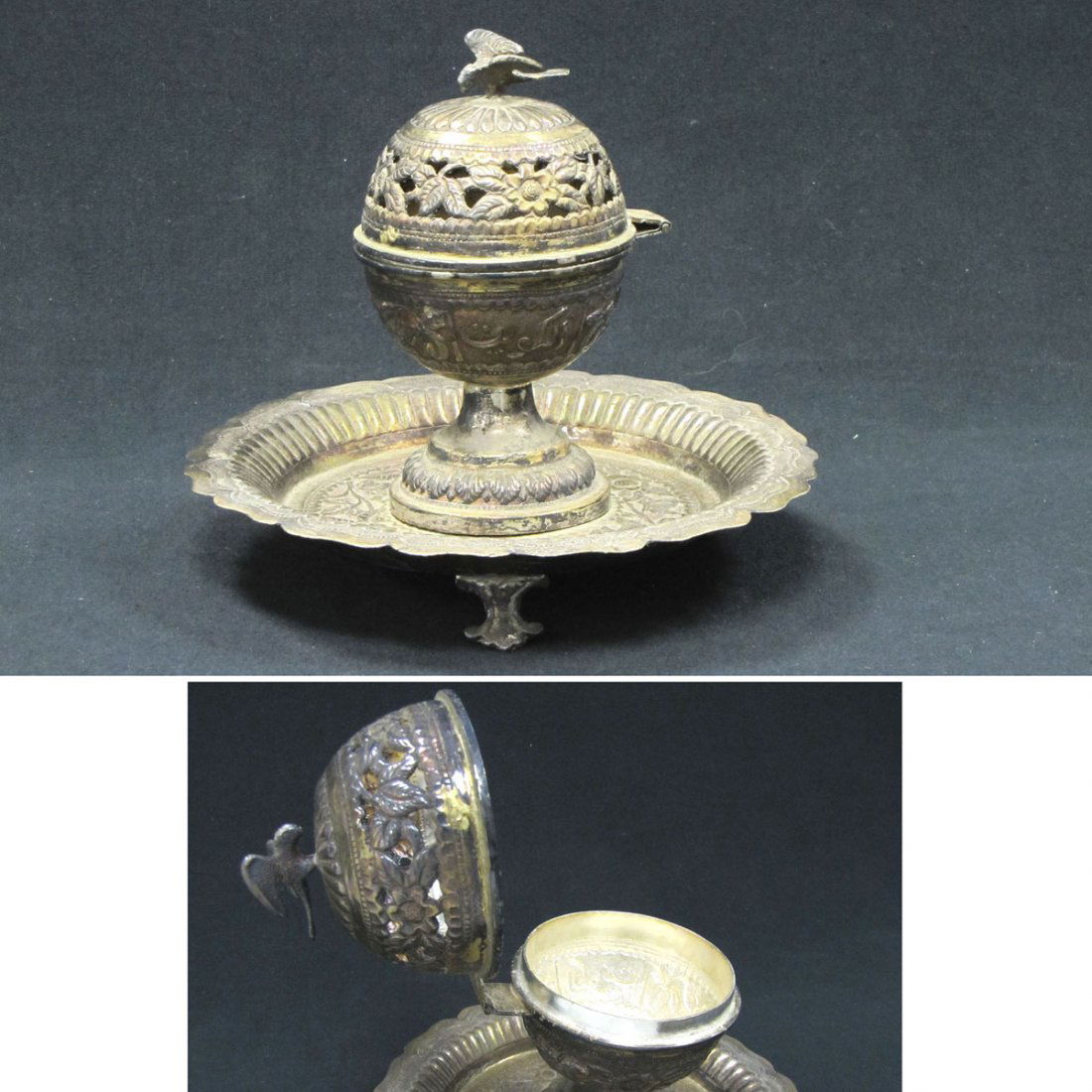 ANTIQUE TURKISH SILVER FOOTED SPICE CONTAINER: ANTIQUE TURKISH SILVER FOOTED SPICE CONTAINER. HEIGHT 6 1/2"; 17.5 OZT