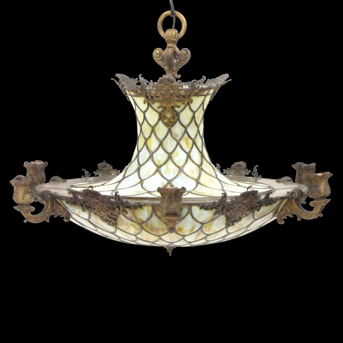 ART NOUVEAU BRONZE AND GLASS HANGING LIGHT FIXTURE: ART NOUVEAU BRONZE AND LEADED GLASS HANGING LIGHT FIXTURE. DIAMETER 34"