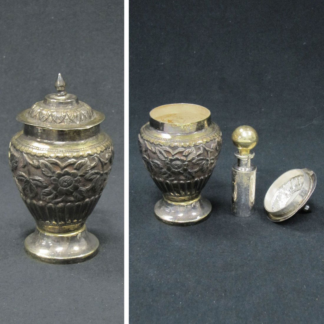 ANTIQUE TURKISH GILT SILVER SCENT/SPICE CONTAINER: ANTIQUE TURKISH GILT SILVER SCENT/SPICE CONTAINER. HEIGHT 4 1/2"; GROSS WEIGHT 5.80 OZT