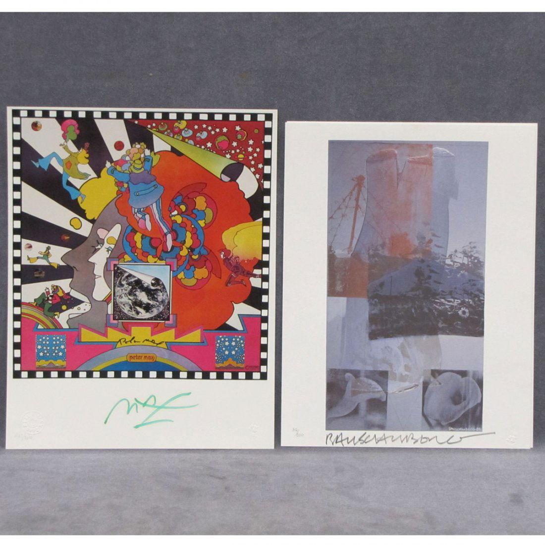 LOT (2) WORLD FEDERATION OF UNITED NATIONS PRINTS: LOT (2) WORLD FEDERATION OF UNITED NATIONS LIMITED EDITION ART PRINTS INCLUDING PETER MAX, "INTO THE FUTURE", SIGNED 1992 #287/750, 11 1/2 X 9" AND ROBERT RAUSCHENBERG, "TANYA'S VEIL (WHALE)", SIGNED