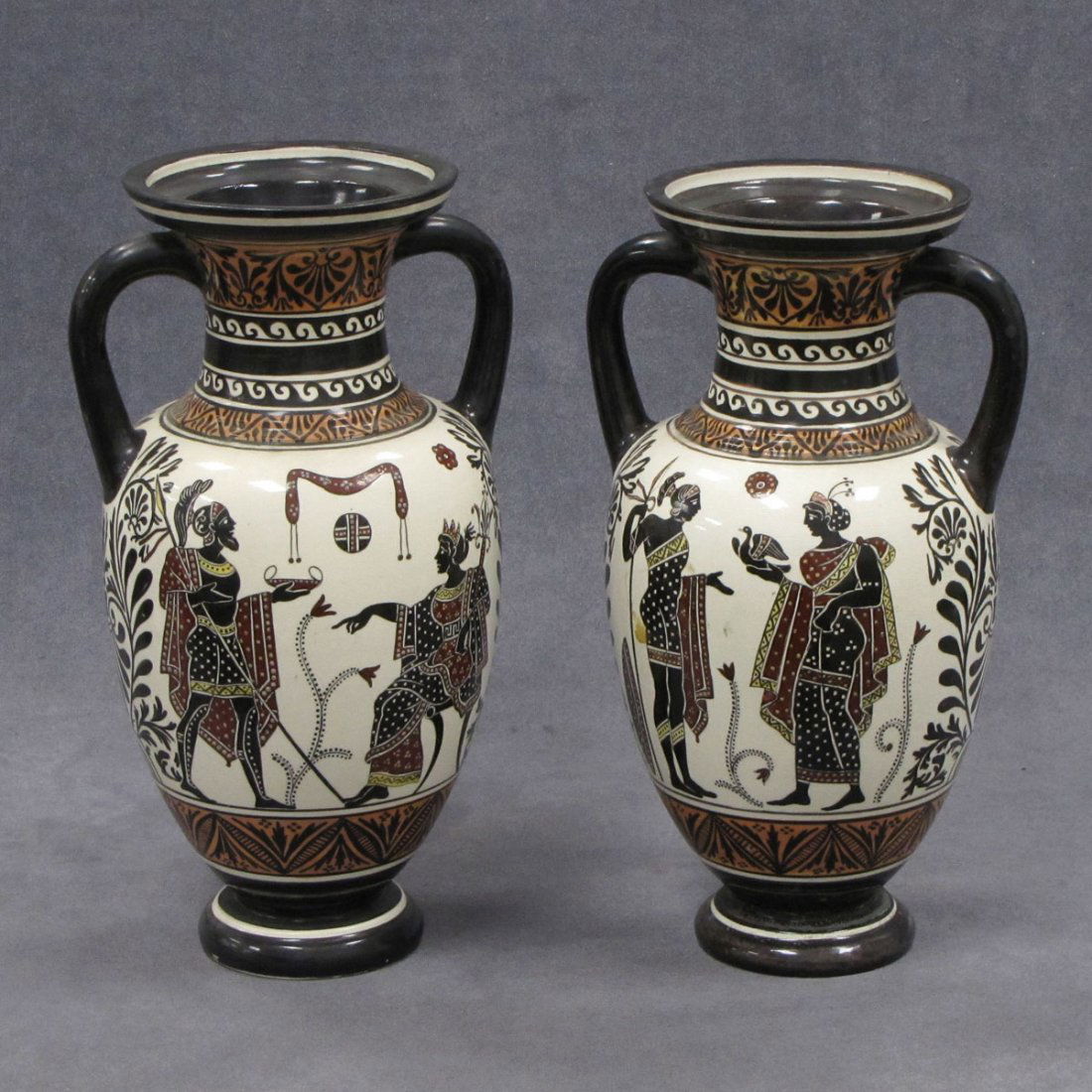 PAIR GREEK DECORATED POTTERY AMPHORA: PAIR GREEK DECORATED POTTERY AMPHORA, AFTER THE ANTIQUE. HEIGHT 11 1/4"