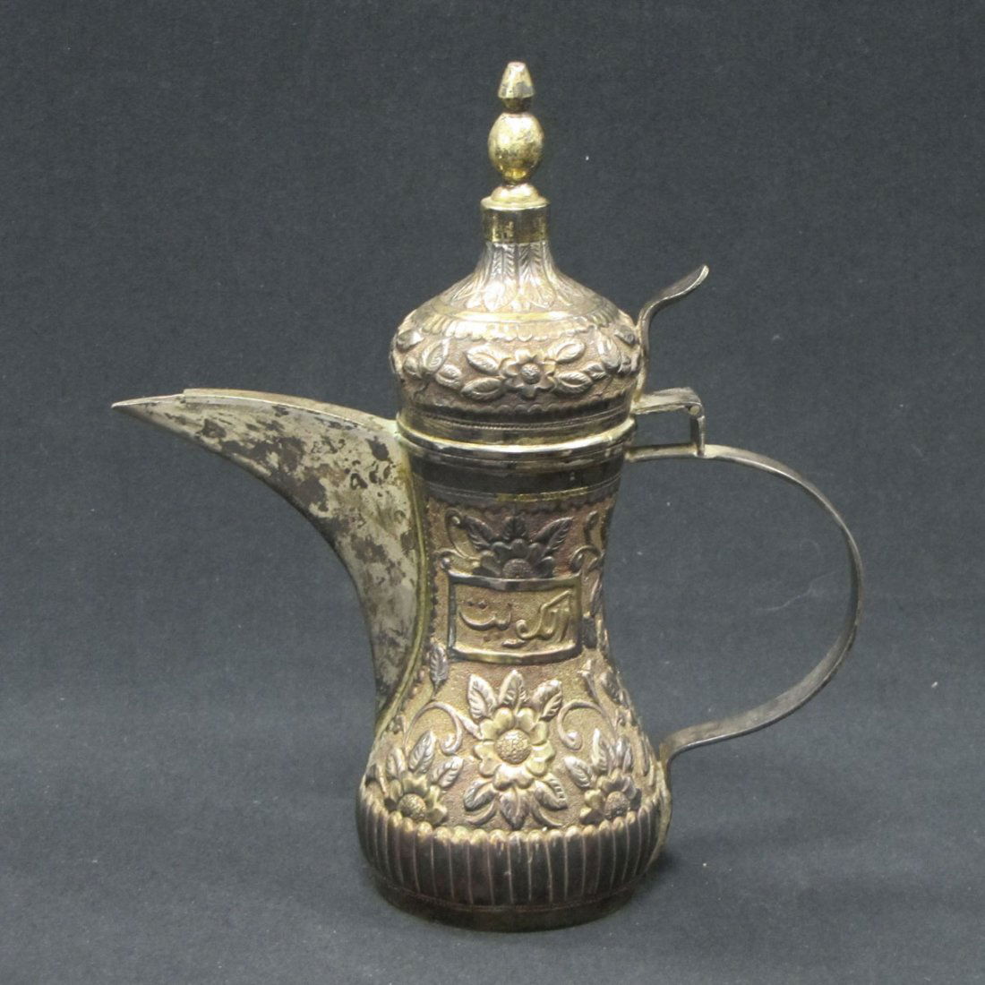 ANTIQUE TURKISH GILT SILVER COFFEE POT: ANTIQUE TURKISH GILT SILVER COFFEE POT. HEIGHT 9 1/2"; 16.4 OZT (SOLDER REPAIRS)