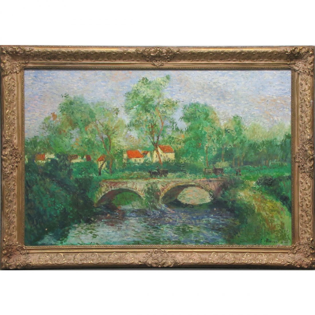 CIRCLE OF CAMILLE PISSARO (FRENCH 19/20TH CENTURY): CIRCLE OF CAMILLE PISSARO (FRENCH 19/20TH CENTURY), OIL ON CANVAS, VILLAGE WITH STONE BRIDGE, SIGNED '96. 24 X 36"; FRAMED 30 X 42"