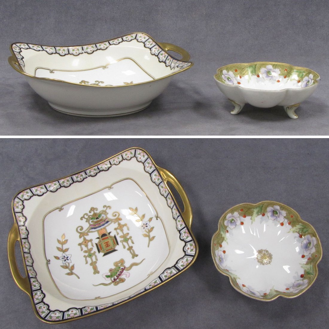 LOT (2) HAND PAINTED NIPPON DISH & BOWL: LOT (2) HAND PAINTED NIPPON INCLUDING DECORATED PORCELAIN FOOTED DISH, HEIGHT 2"; DIAMETER 5 1/4" AND SQUARE HANDLED BOWL, HEIGHT 2 1/2"; 8 1/4 X 9 1/4"
