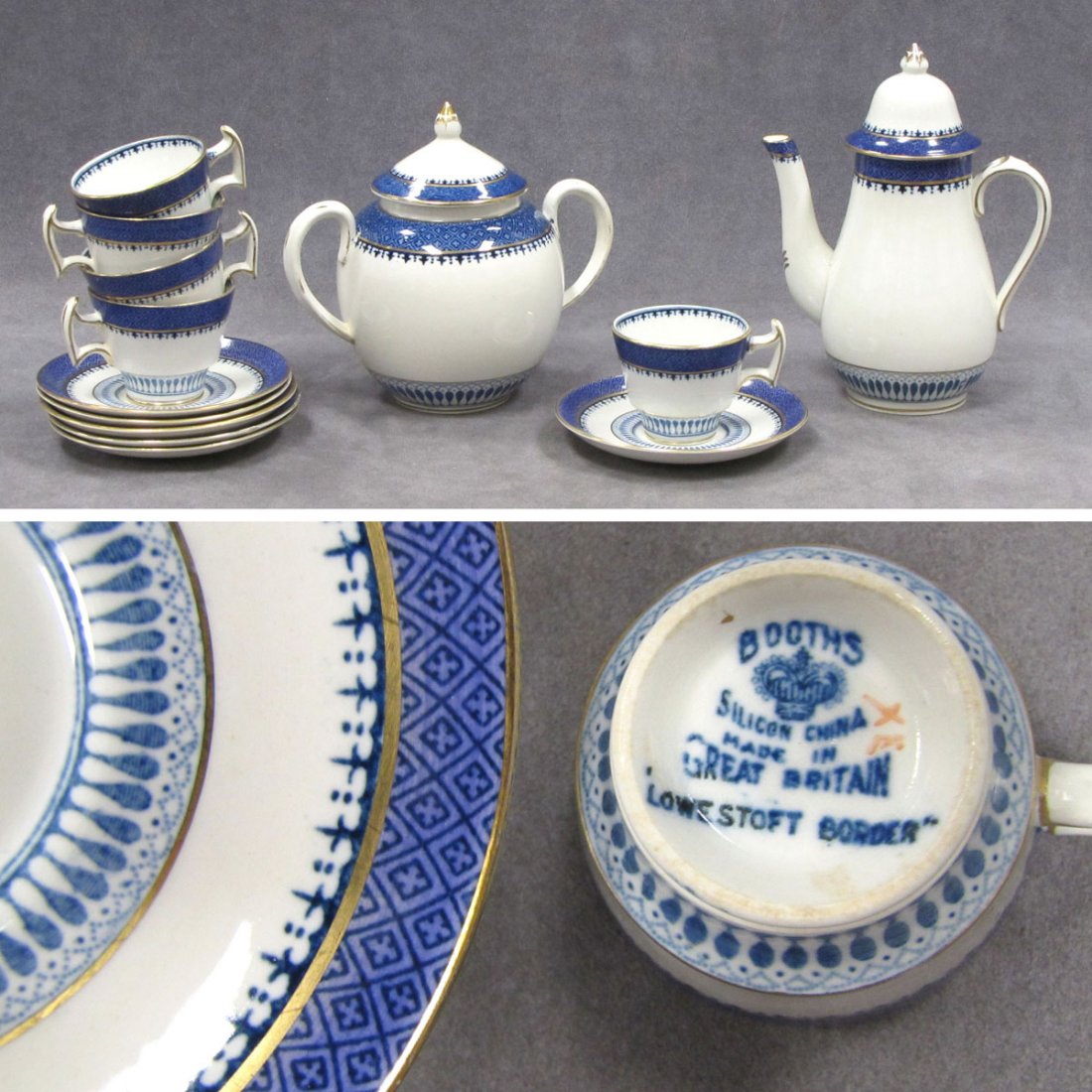 SET BOOTHS "LOWESTOFT BORDER" CHINA (13 PIECES) : SET BOOTHS "LOWESTOFT BORDER" CHINA (13 PIECES) INCLUDING (1) TEAPOT, (1) COVERED SUGAR, (5) CUPS, (6) SAUCERS