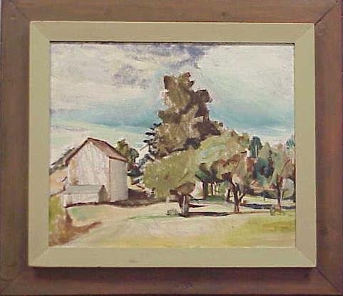 OIL ON BOARD, SIGNED FISKE BOYD, 1934: OIL ON BOARD, CRISTMAN'S BARN, SIGNED FISKE BOYD, 1934. (AMERIAN 1895-1975). 20 X 23 1/2" (INFORMATION VERSO)