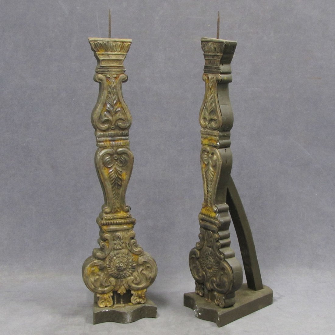 PAIR SILVER MOUNTED WOOD PRICKET CANDLEHOLDERS