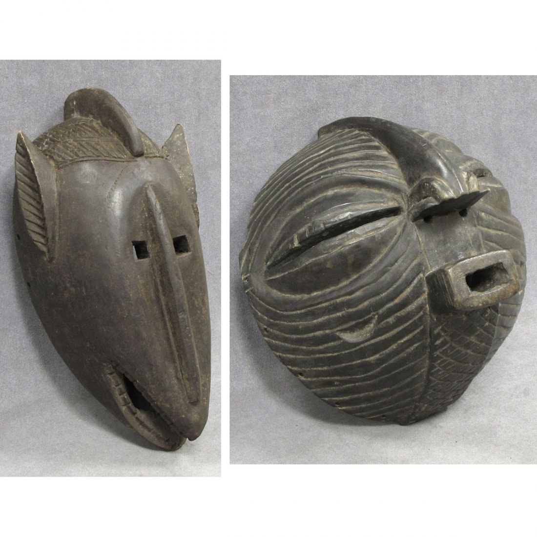 LOT (2) INCLUDING SONGYE, ZAIRE CARVED MASK : LOT (2) INCLUDING SONGYE, ZAIRE CARVED MASK, HEIGHT 11" AND BAMANA KORE, MALI CARVED HYENA MASK, HEIGHT 13"