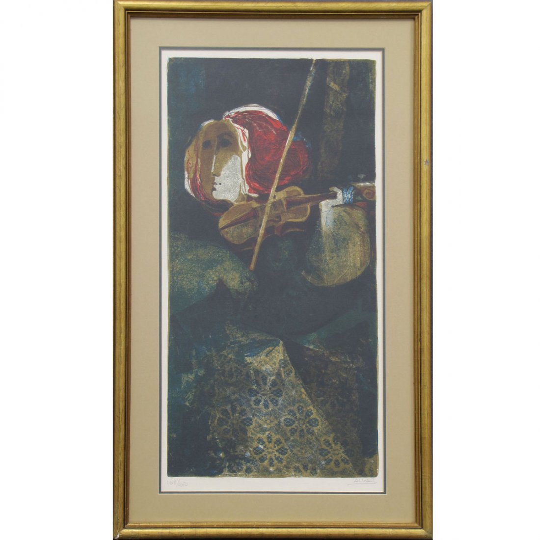 SUNOL ALVAR (SPANISH 1935-) LITHOGRAPH: SUNOL ALVAR (SPANISH 1935-) LITHOGRAPH, WOMAN WITH VIOLIN, SIGNED #168/260. PLATE 24 1/2 X 12"; FRAMED AND GLAZED 32 X 18"