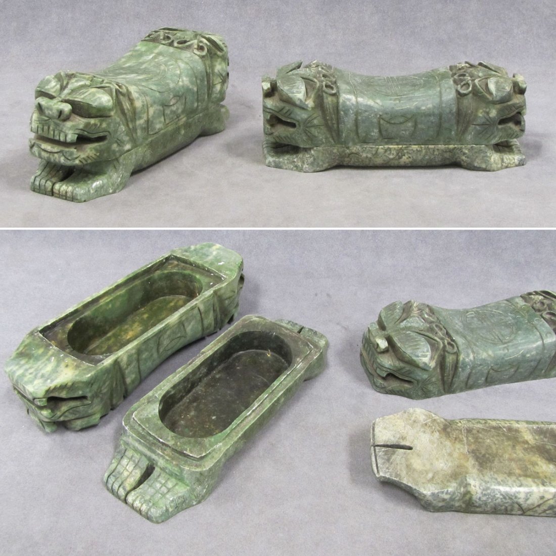 PAIR CHINESE HARD STONE FIGURAL PILLOW-FORM BOXES