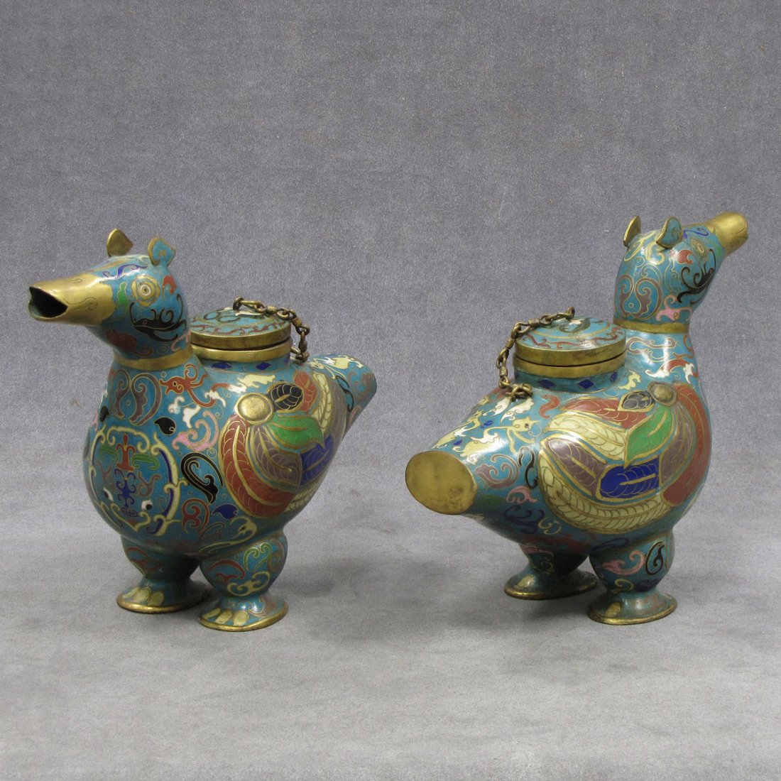PAIR CHINESE CLOISONNE BIRD-FORM WINE VESSELS
