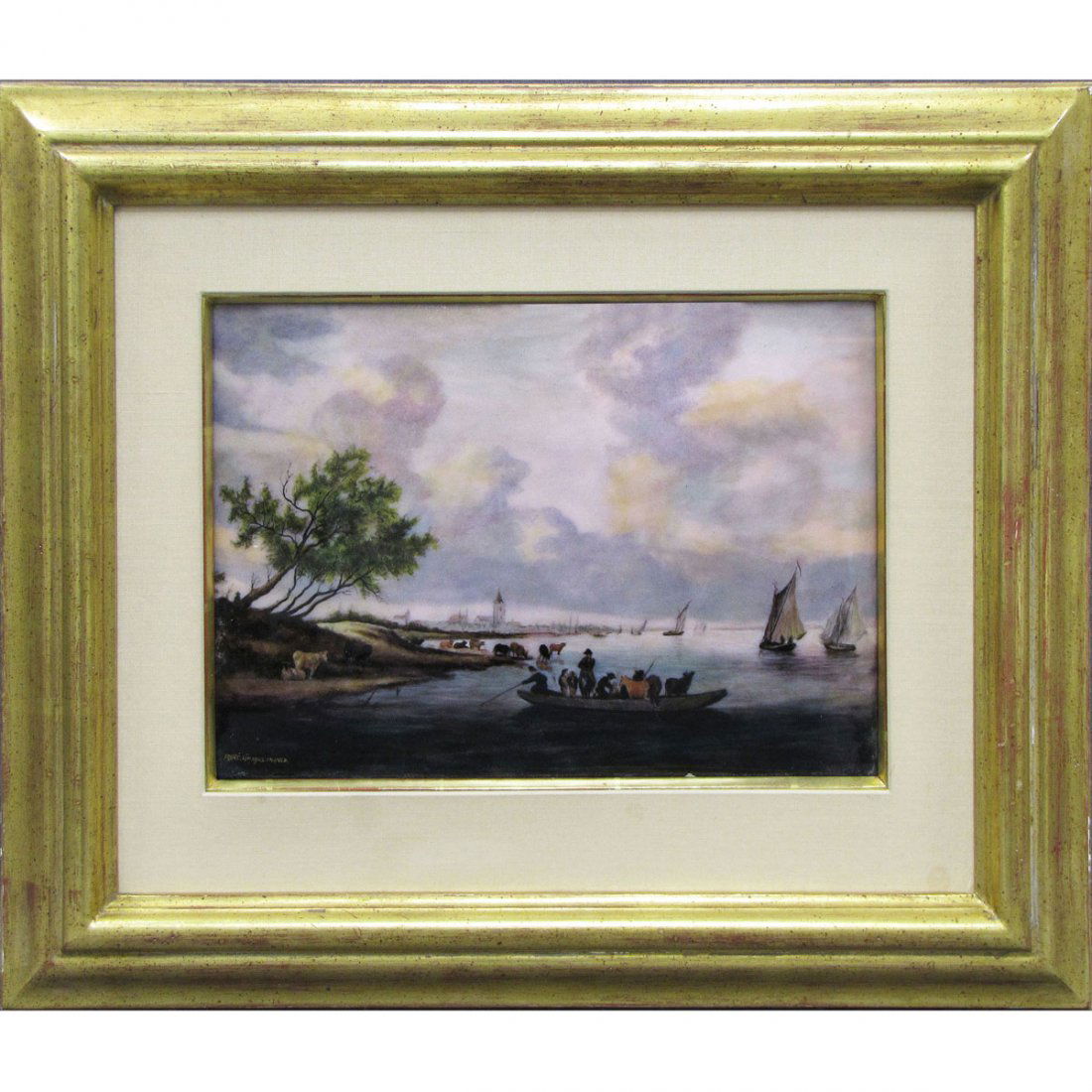 CAMILLE FAURE (FRENCH 1874-1956) LIMOGES ENAMEL: CAMILLE FAURE (FRENCH 1874-1956) LIMOGES ENAMEL ON COPPER PLAQUE, THE FERRY BOATMENT, SIGNED. PLAQUE 9 X 12"; FRAMED 16 1/2 X 19 1/2"