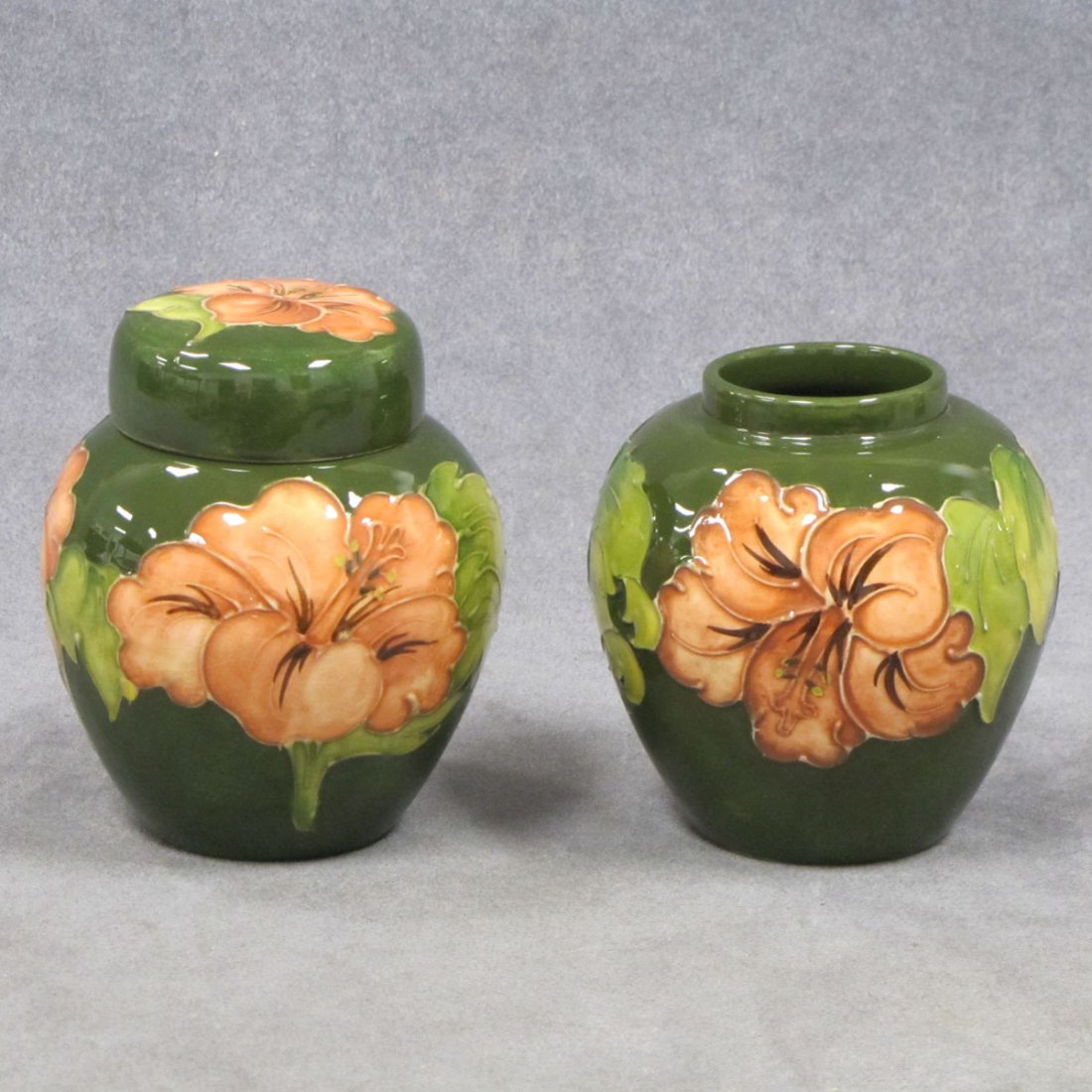 PAIR MOORCROFT "HIBISCUS" POTTERY GINGER JARS 
