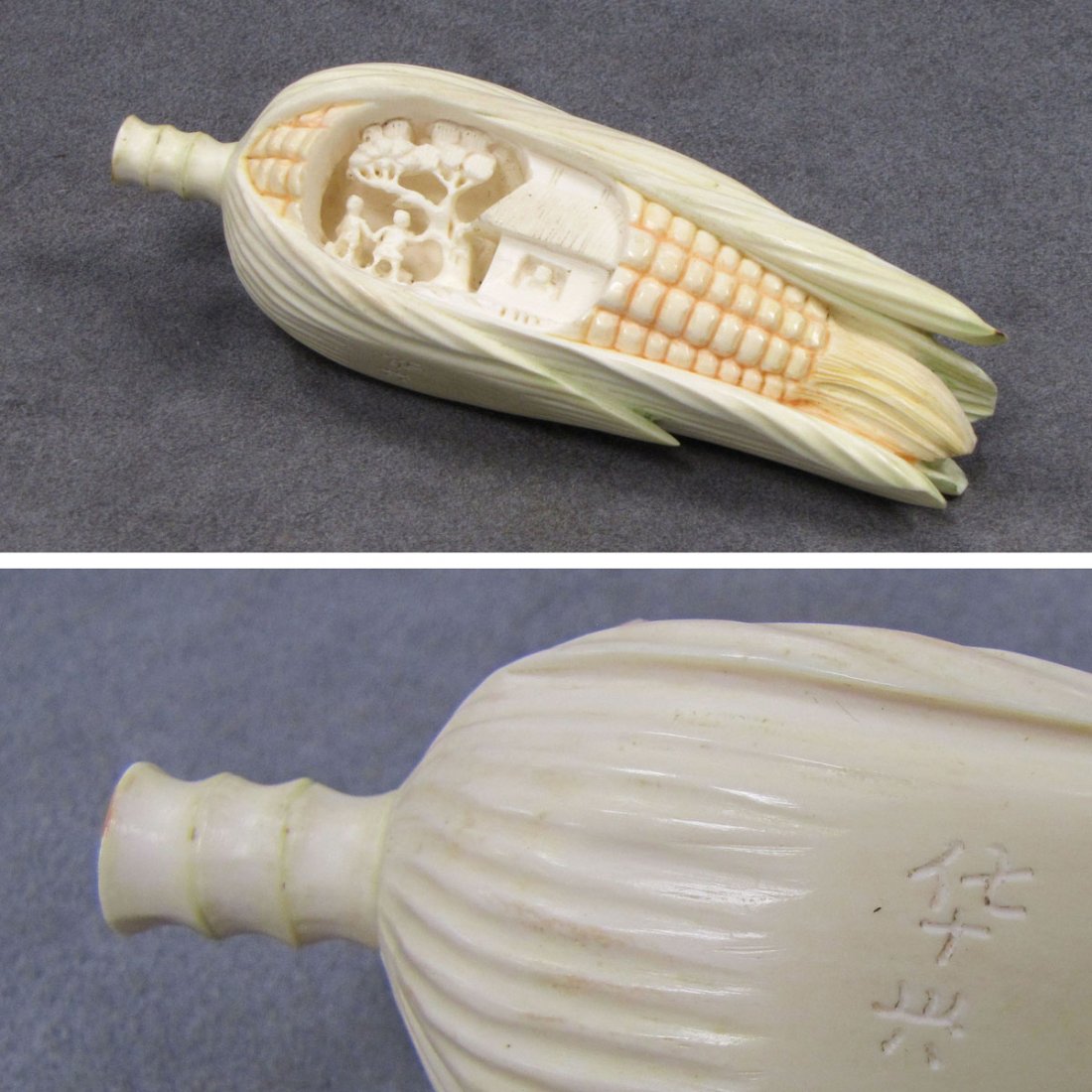 CHINESE CARVED MARINE IVORY EAR OF CORN, SIGNED 