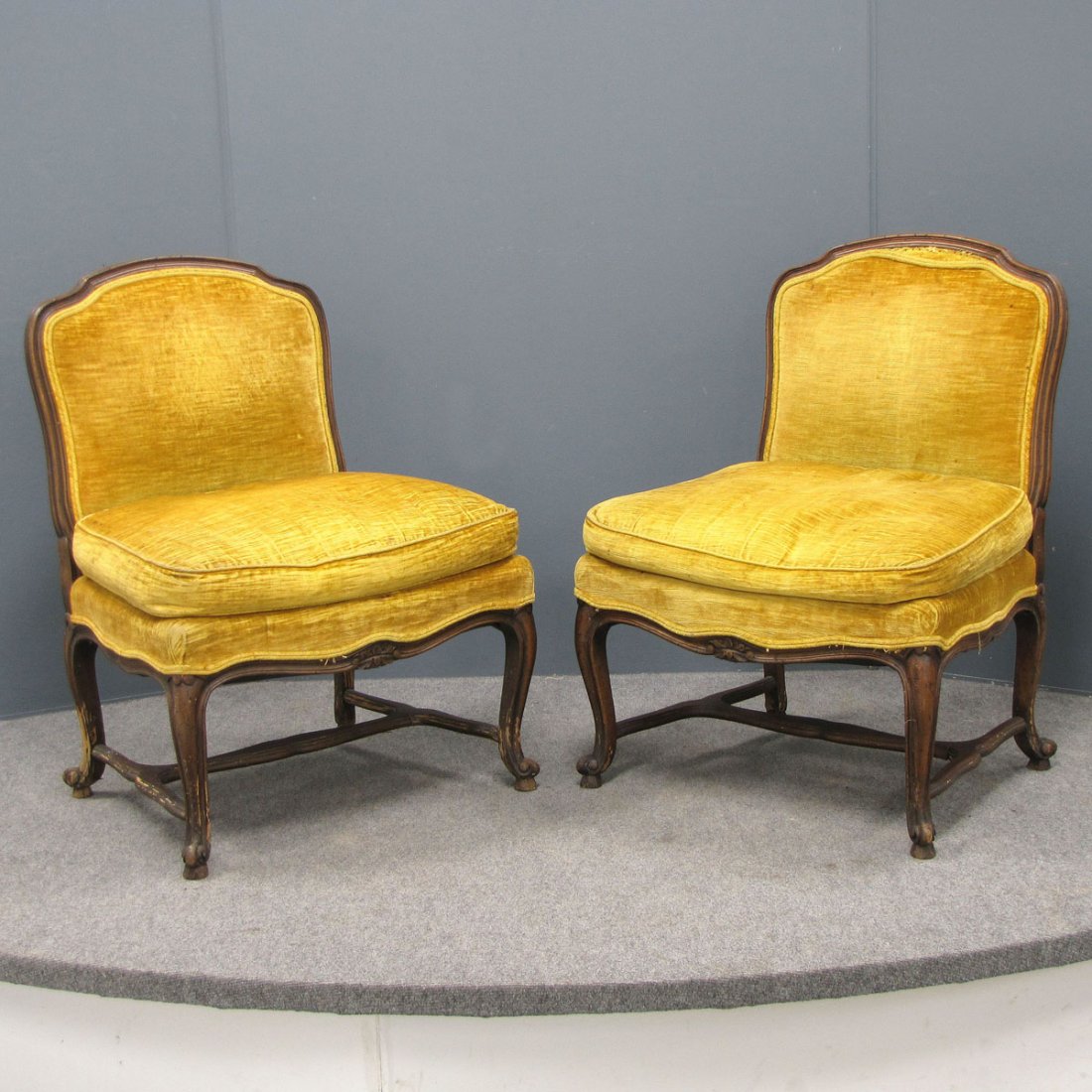 PAIR FRENCH STYLE CARVED FRUITWOOD BOUDOIR CHAIRS