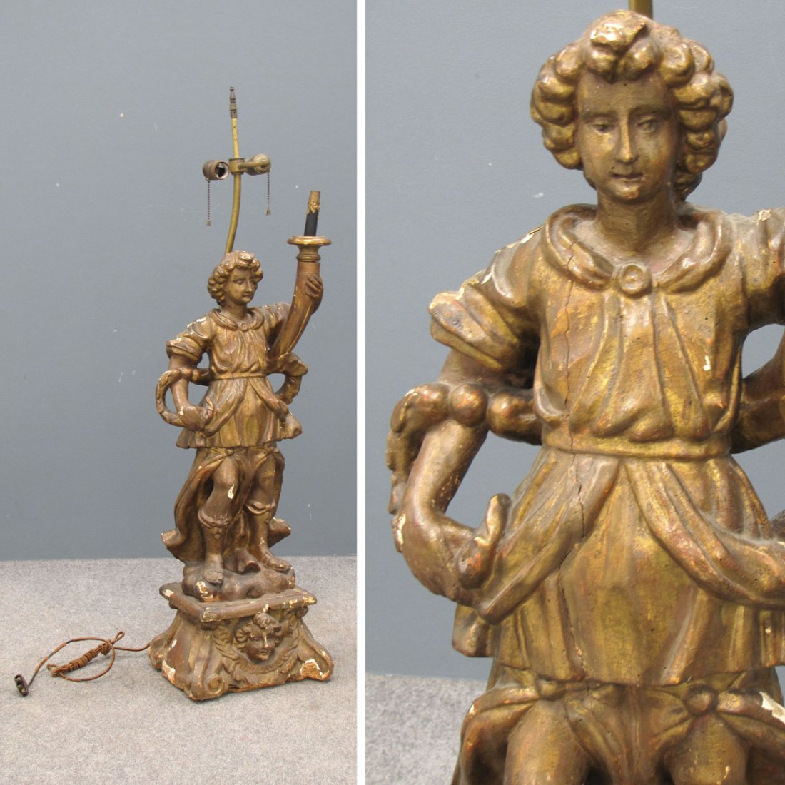ITALIAN CARVED AND GILT FIGURAL CANDLE HOLDER