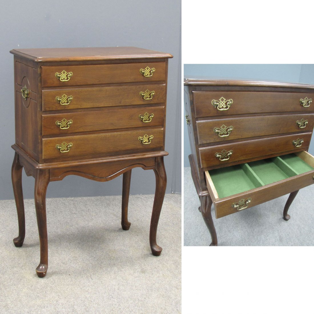 QUEEN ANNE STYLE CARVED CHERRY SILVER CHEST