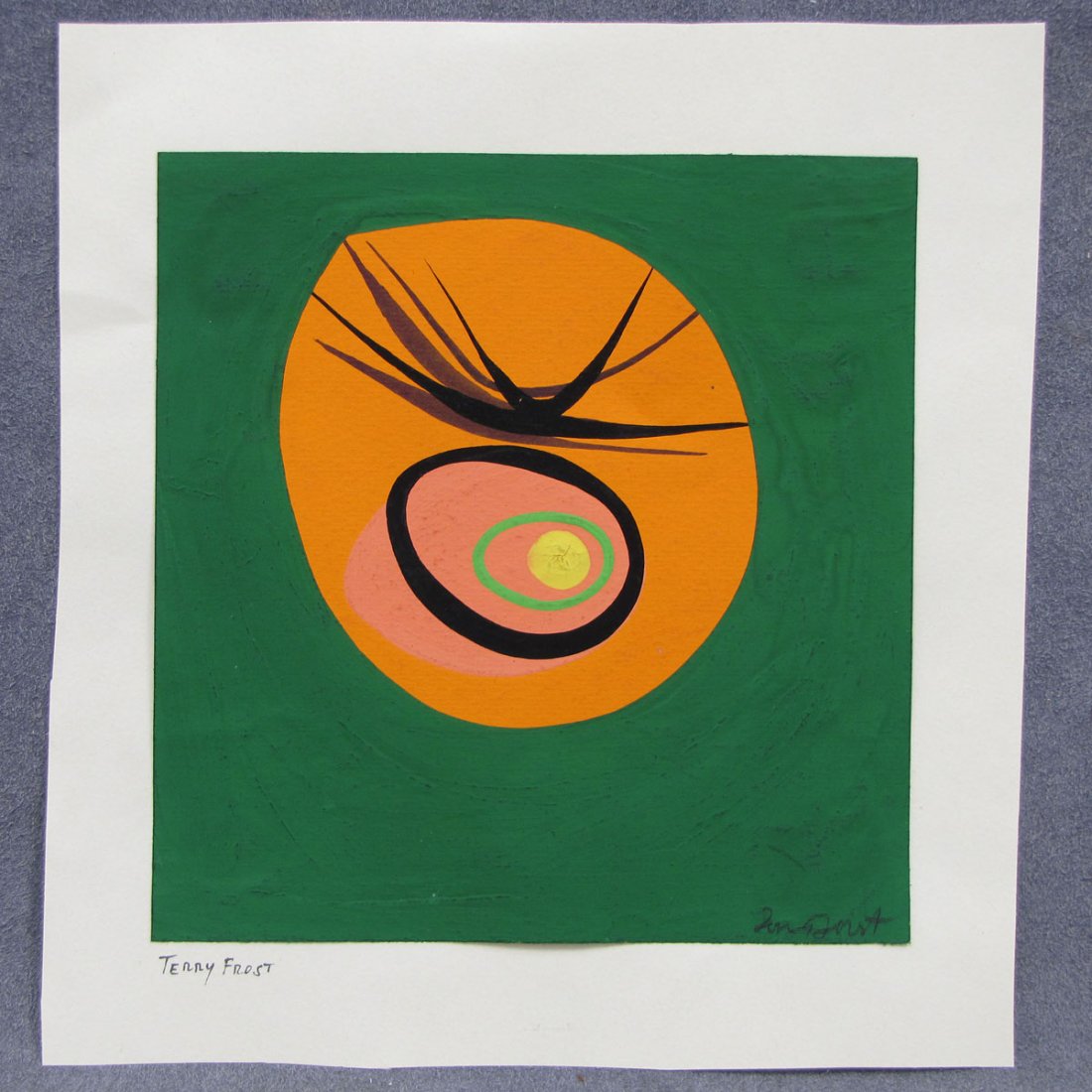 SIR TERRY FROST RA (BRITISH 1915-2003), GOUACHE : SIR TERRY FROST RA (BRITISH 1915-2003), GOUACHE ON PAPER LAID ON CARD, UNTITLED ABSTRACT, SIGNED (2X). 6 1/8 X 5 7/8"
