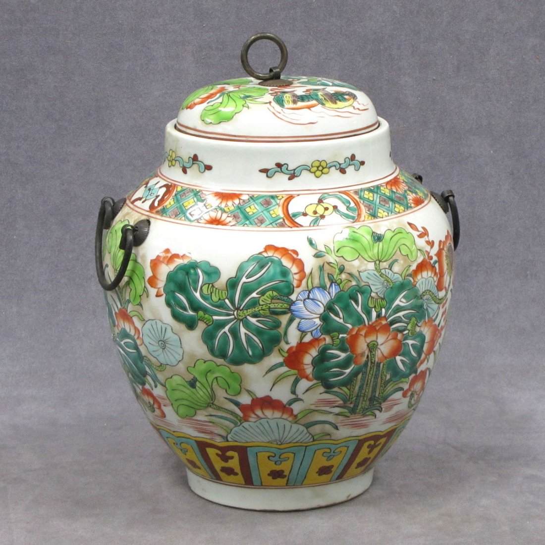 CHINESE DECORATED PORCELAIN COVERED JAR WITH BRASS