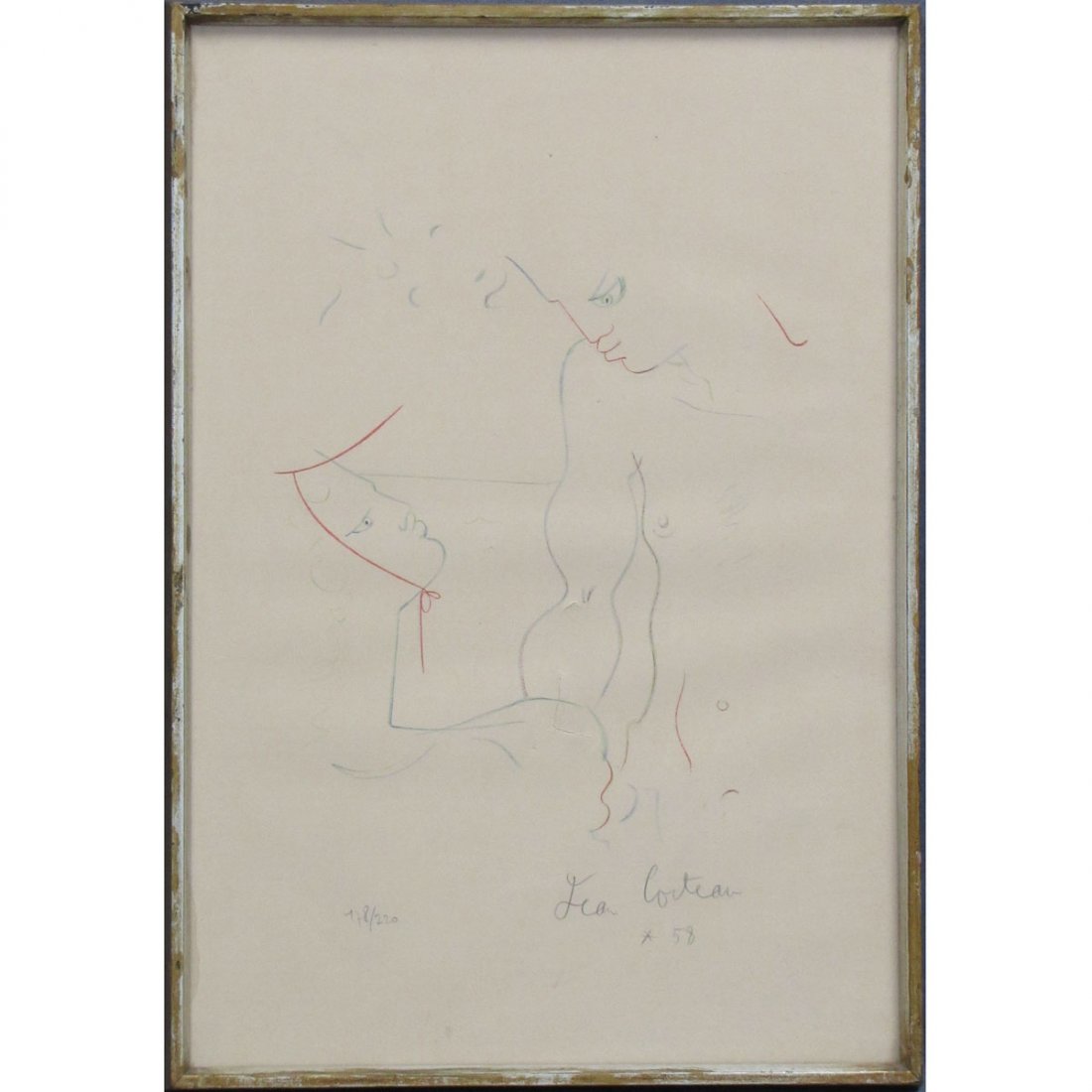 JEAN COCTEAU (FRENCH 1889-1963), LITHOGRAPH : JEAN COCTEAU (FRENCH 1889-1963), LITHOGRAPH, FIGURES, SIGNED #128/220 1958. 22 X 14 3/4"; FRAMED AND GLAZED-23 1/2 X 16" (IMPERFECTION)