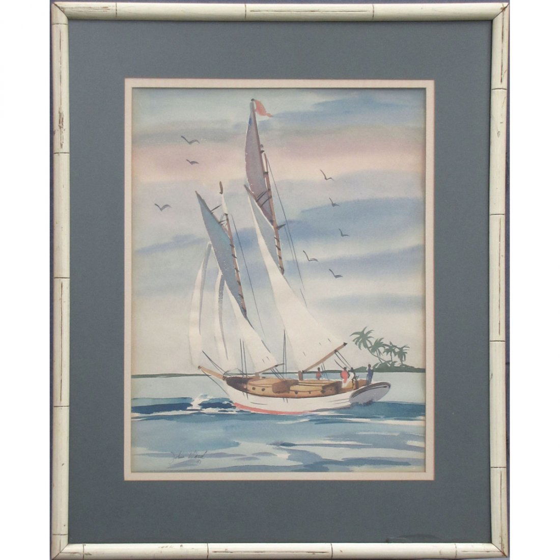 JOHN WARD (AMERICAN 20TH CENTURY), WATERCOLOR : JOHN WARD (AMERICAN 20TH CENTURY), WATERCOLOR, SAILING IN THE TROPICS, SIGNED 1951. SIGHT 23 X 18"; FRAMED AND GLAZED-34 X 28"