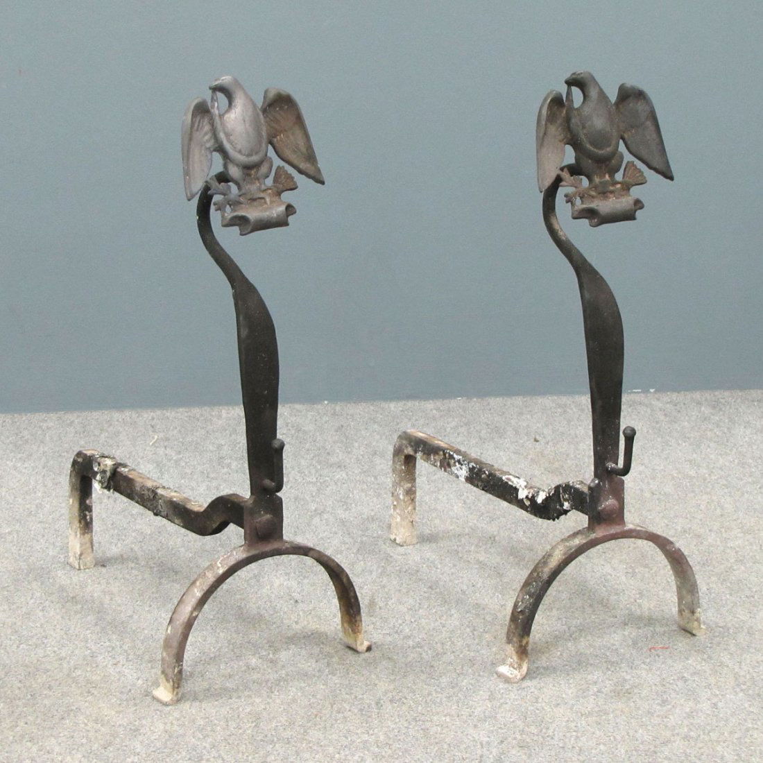 PAIR WROUGHT/CAST IRON FEDERAL EAGLE ANDIRONS: PAIR WROUGHT/CAST IRON FEDERAL EAGLE ANDIRONS. HEIGHT 23"