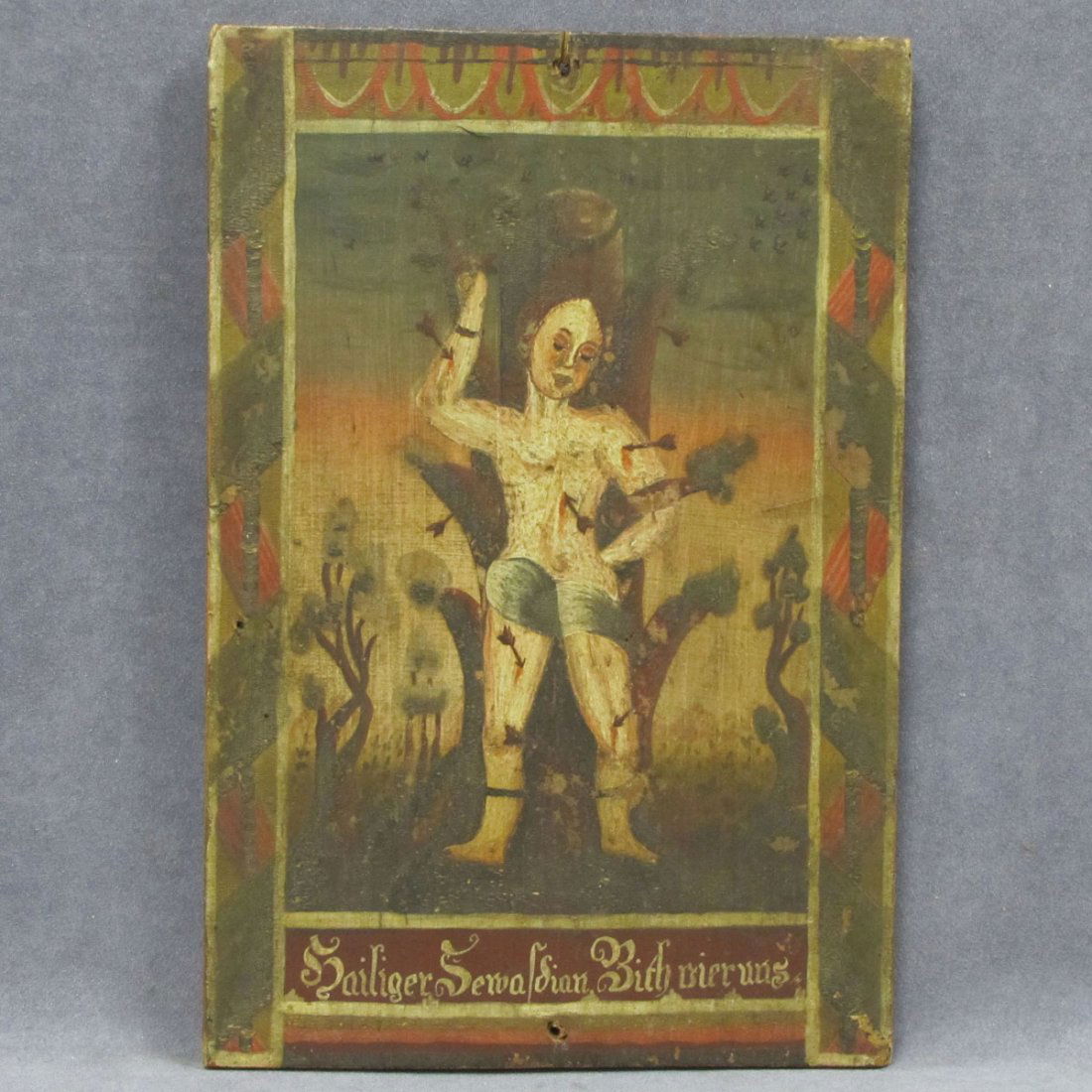 GERMAN SCHOOL (19TH CENTURY), OIL ON WOOD PANEL : GERMAN SCHOOL (19TH CENTURY), OIL ON WOOD PANEL, ICON OF ST. SEBASTIAN. 15 1/2 X 10 1/2"