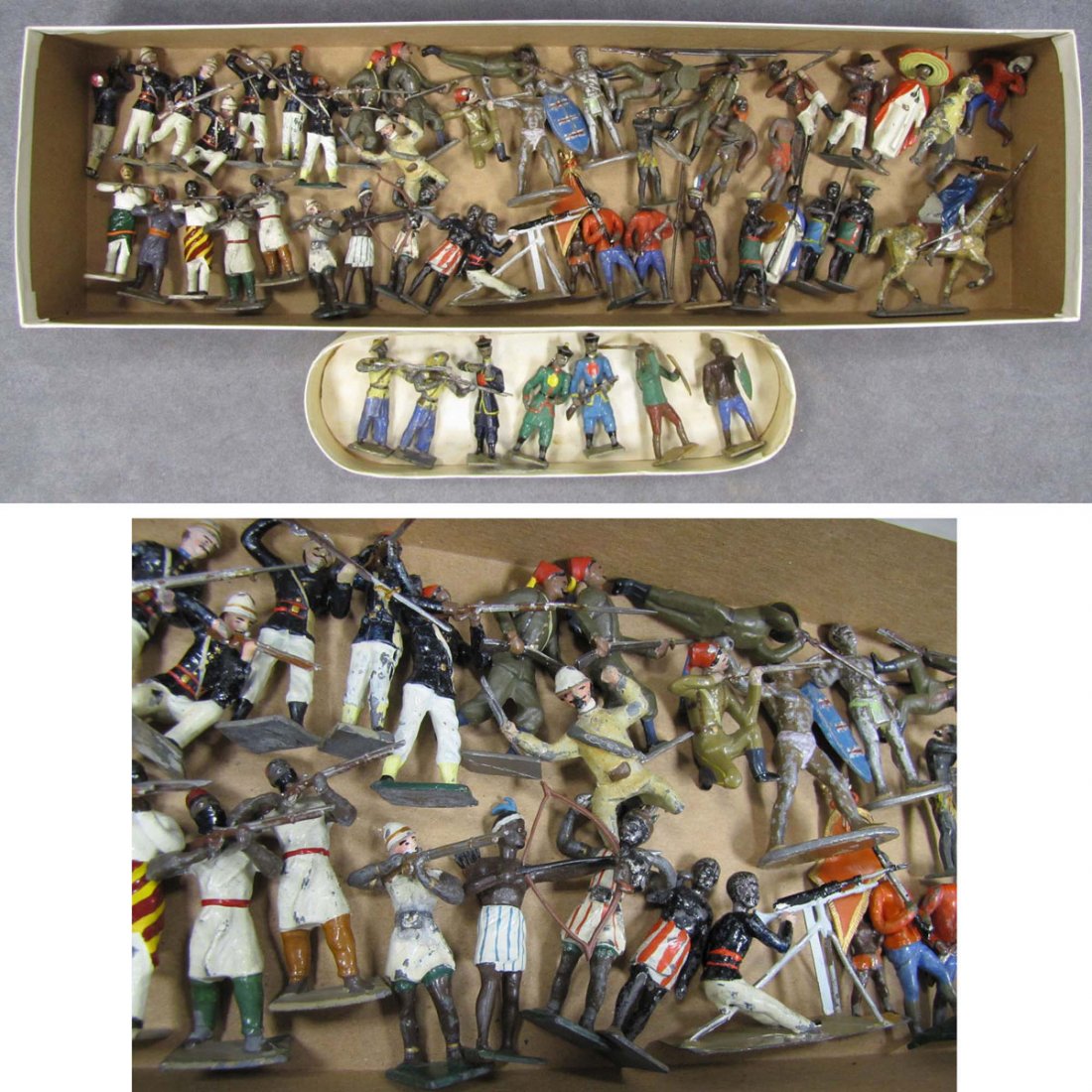 LOT ASSORTED FRENCH HAND PAINTED LEAD SOLDIERS: LOT ASSORTED FRENCH HAND PAINTED LEAD COLONIAL SOLDIERS AND ETHNIC WARRIORS INCLUDING SUDAN, CHINA, ETC. HEIGHT 2-2 1/4"