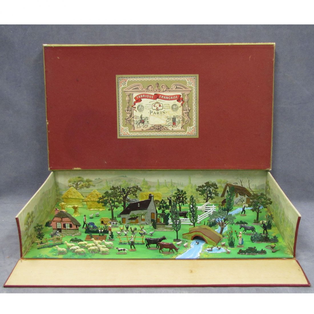 SET MIGNOT PAINTED LEAD FIGURES WITH BARN YARD: SET MIGNOT PAINTED LEAD FIGURES WITH BARN YARD DIORAMA DISPLAY (NIB). HEIGHT 1/2-4"