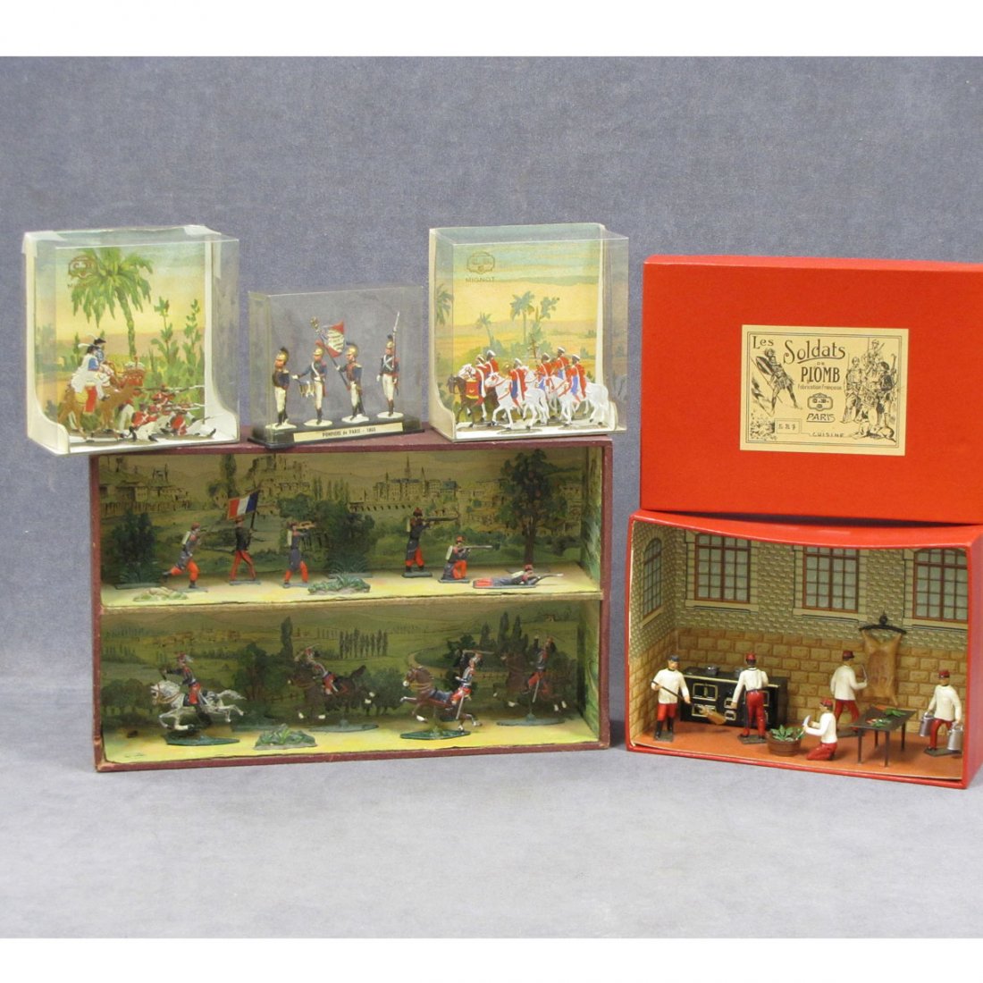 LOT FRENCH HAND PAINTED LEAD MILITARY FIGURES: LOT FRENCH HAND PAINTED LEAD MILITARY FIGURES AND MILITARY COOKS (NIB). HEIGHT 1-2 1/2" (WITH DIORAMA BOXES)
