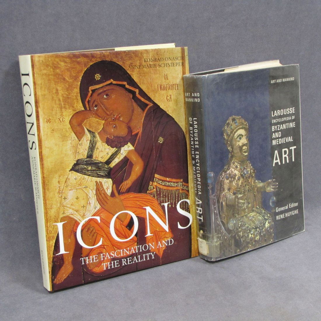 LOT (2) VOLUMES INCLUDING ICONS, KONRAD ONASCH : LOT (2) VOLUMES INCLUDING ICONS, KONRAD ONASCH, ANNEMARIE SCHNIEPER, AND LAROUSSE ENCYCLOPEDIA OF BYZANTINE AND MEDIEVAL ARTS, 1963
