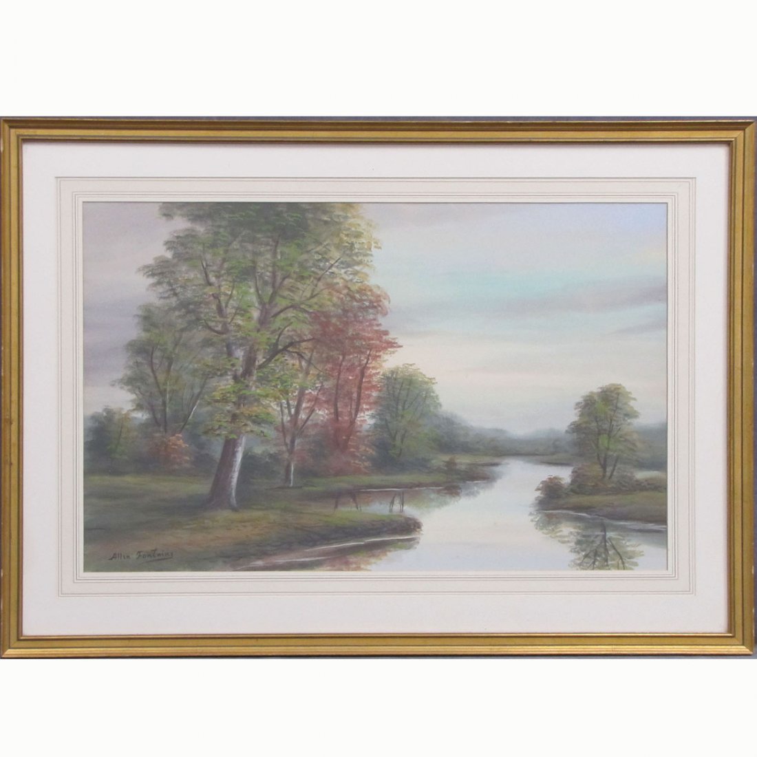 ALLEN FONTAINE (AMERICAN, NEW YORK 1861-1962) : ALLEN FONTAINE (AMERICAN, NEW YORK 1861-1962), WATERCOLOR AND GOUACHE, A QUIET PART OF THE STREAM, SIGNED. SIGHT 18 X 28"; FRAMED AND GLAZED-26 X 36"