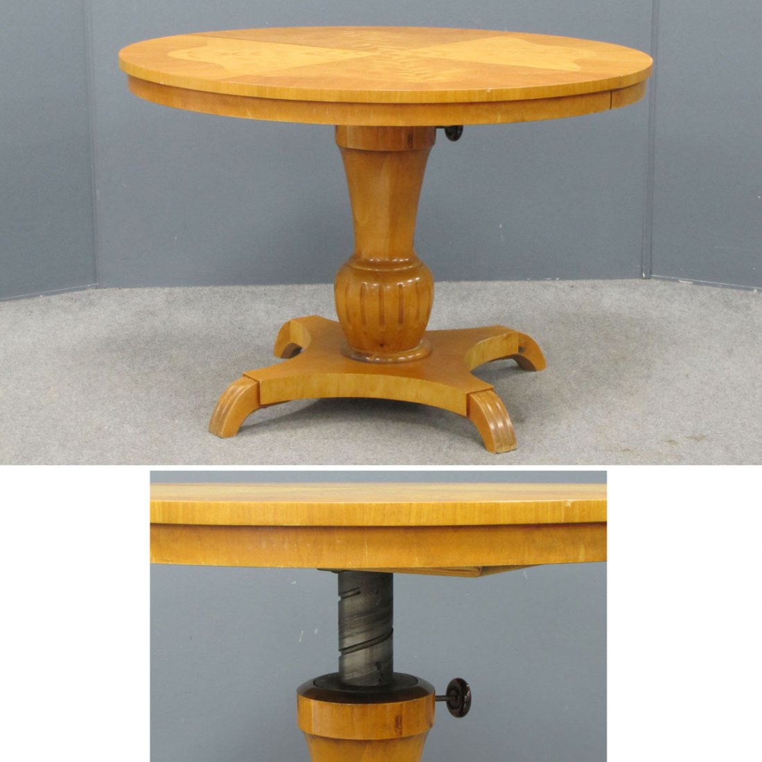 SCANDINAVIAN INLAID MAPLE MECHANICAL TABLE: SCANDINAVIAN INLAID MAPLE MECHANICAL TABLE. HEIGHT 24"-30"; DIAMETER 36"