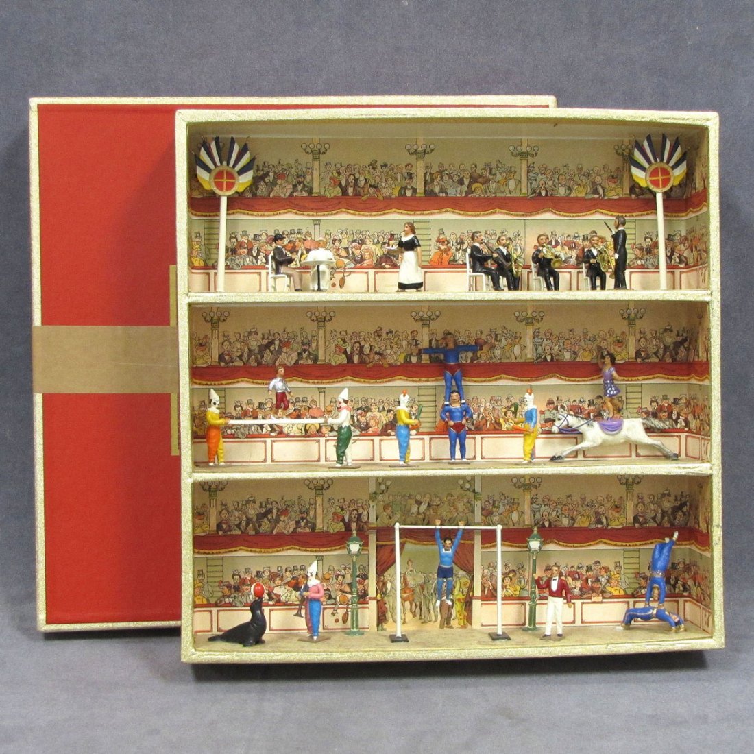 SET (22) MIGNOT PAINTED LEAD FIGURES, "CIRQIAL" : SET (22) MIGNOT PAINTED LEAD FIGURES, "CIRQIAL" WITH DIORAMA DISPLAY (NIB; BOX WITH TAPE) HEIGHT 1 3/4-3 3/4"