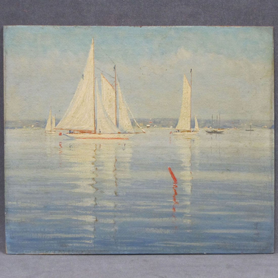 FRED HAMILTON DANIELS (AMERICAN MASS/NY 1872-): FRED HAMILTON DANIELS (AMERICAN MASS/NY 1872-), OIL ON CANVAS BOARD, HARBOR CALM, SIGNED 1925. 10 X 12"