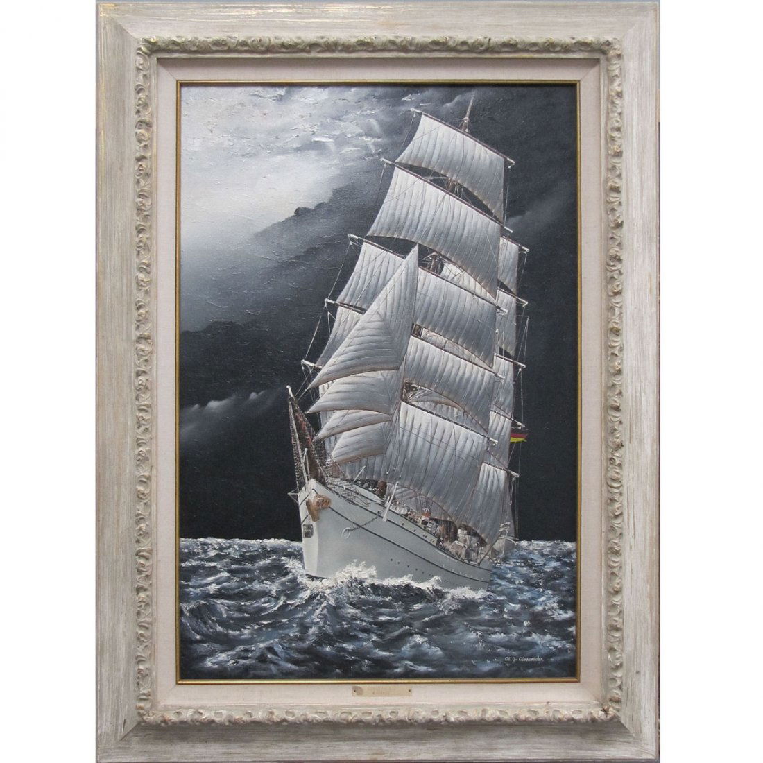 AL J. ALEXANDER (AMERICAN/CALIFORNIA 20TH CENTURY): AL J. ALEXANDER (AMERICAN/ CALIFORNIA 20TH CENTURY) OIL ON CANVAS "GORCH FOCK II" (W. GERMANY), SIGNED AND TITLED 1979. 36 X 24"; FRAMED 46 X 34" (INFO VERSO)