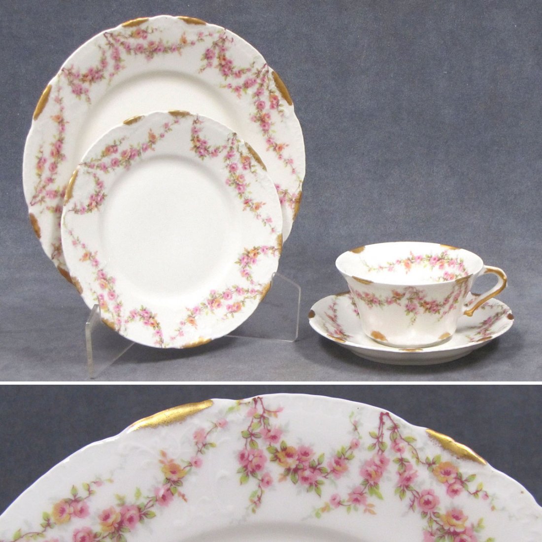 SERVICE FOR (8) THEODORE HAVILAND LIMOGES: SERVICE FOR (8) THEODORE HAVILAND LIMOGES DECORATED PORCELAIN DESSERT SET INCLUDING (8) CUPS/SAUCERS; (8) PLATES, 8"; (8) PLATES, 6 1/4"