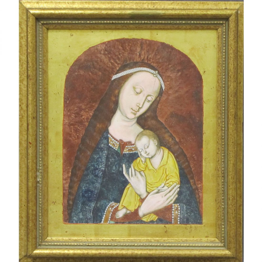 RUSSIAN ICON (EGG TEMPERA/WOOD PANEL): RUSSIAN ICON (EGG TEMPERA/WOOD PANEL), MOTHER AND CHILD, LABELED YAROSLAVA SURMACH MILLS, 20TH CENTURY. 10 X 8"; FRAMED 12 X 10"