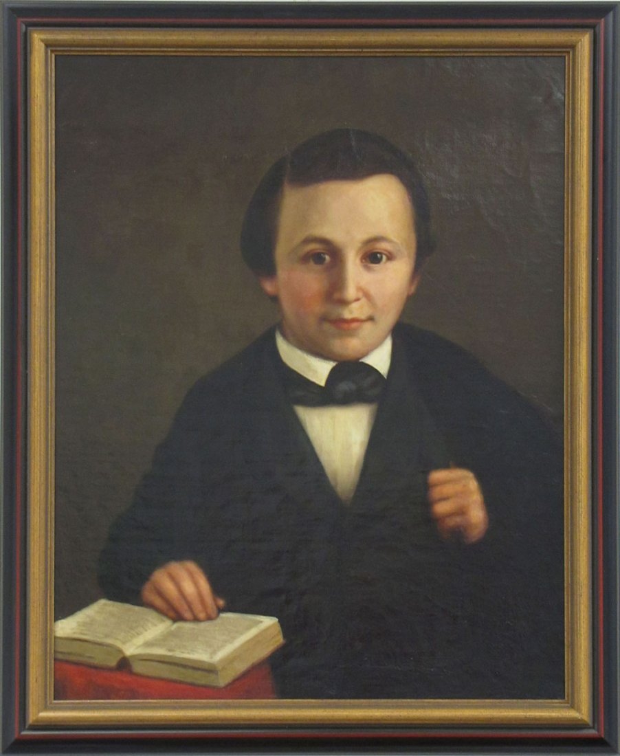 AMERICAN SCHOOL (19TH CENTURY), OIL ON CANVAS : AMERICAN SCHOOL (19TH CENTURY), OIL ON CANVAS, YOUNG MAN WITH BOOK, UNSIGNED. 25 X 20"; FRAMED 28 1/2 X 23 1/2"