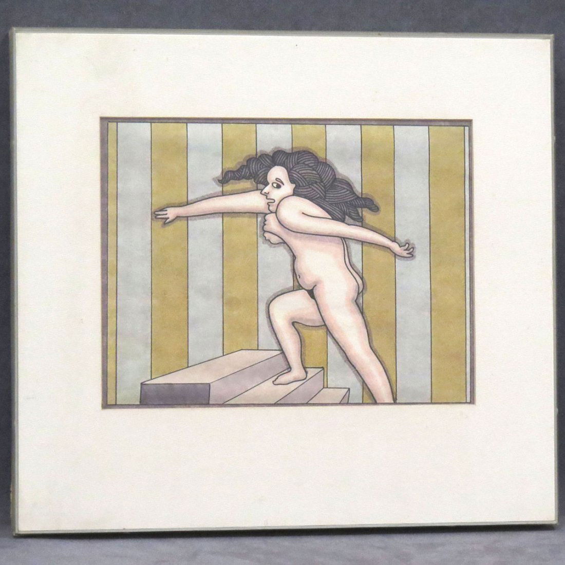 ROBERT P. GORDY (AMERICAN/ NEW ORLEANS 1933-1986): ROBERT P. GORDY (AMERICAN/ NEW ORLEANS 1933-1986) INK AND MARKER "THE STAIRS", LABELED VERSO 1968. SIGHT 8 X 10 5/8"; FRAMED AND GLAZED 14 X 16" (PROVENANCE: GALERIE SIMONN STERN, ROYAL ST. NEW ORLEAN