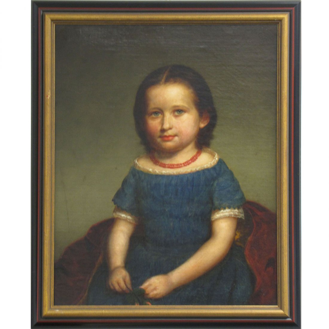 AMERICAN SCHOOL (19TH CENTURY), OIL ON CANVAS : AMERICAN SCHOOL (19TH CENTURY), OIL ON CANVAS, YOUNG GIRL WITH CORAL NECKLACE, UNSIGNED. 25 X 20"; FRAMED 28 1/2 X 23 1/2"