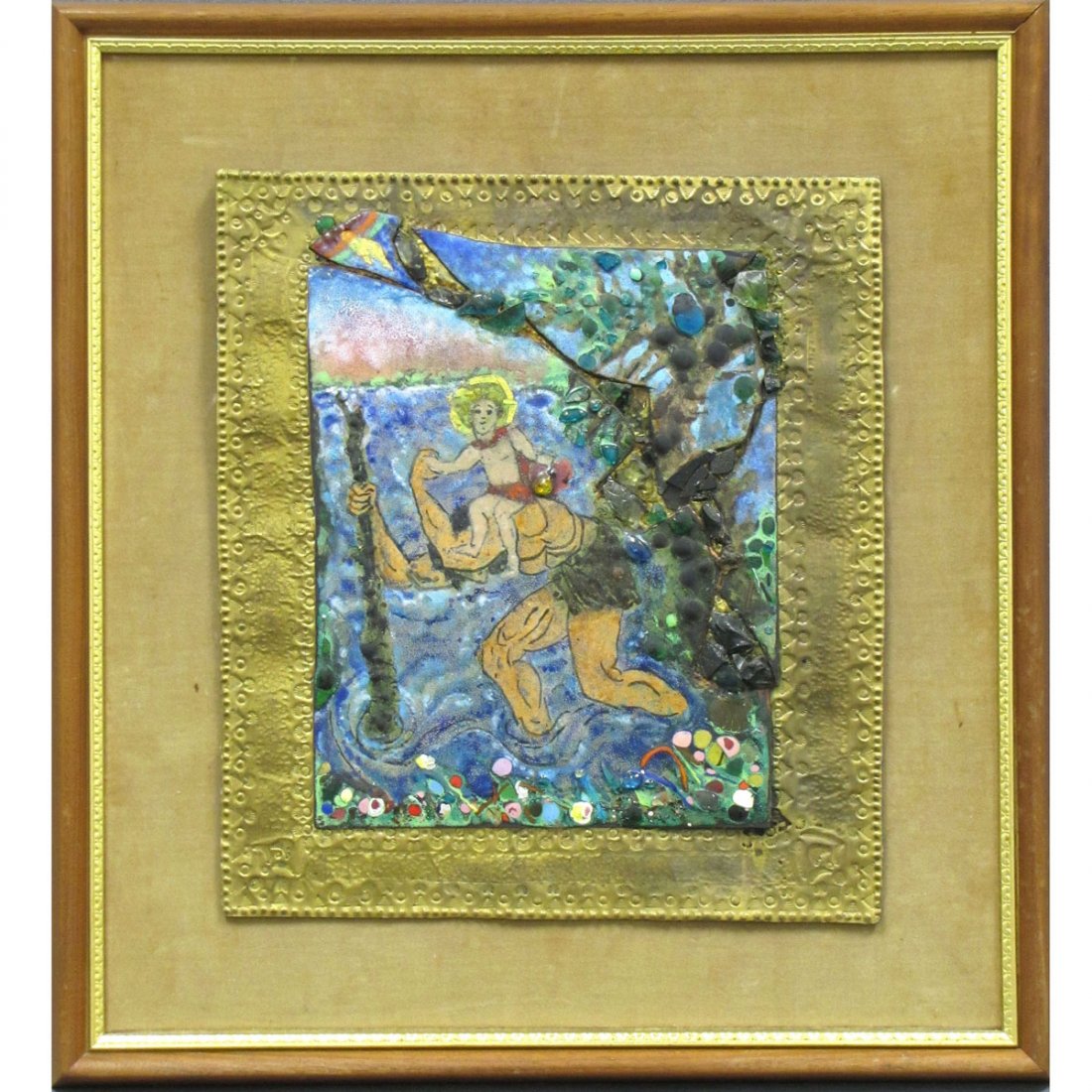 ALEXANDRA KORSAKOFF-GALSTON ENAMELED COPPER: ALEXANDRA KORSAKOFF-GALSTON (RUSSIAN/AMERICAN 1884-1969), ENAMELED COPPER AND GLASS CHARDS, "ST. CHRISTOPHER", SIGNED, TITLED, AND LABELED. 12 X 10 3/4"; FRAMED 17 1/2 X 16"