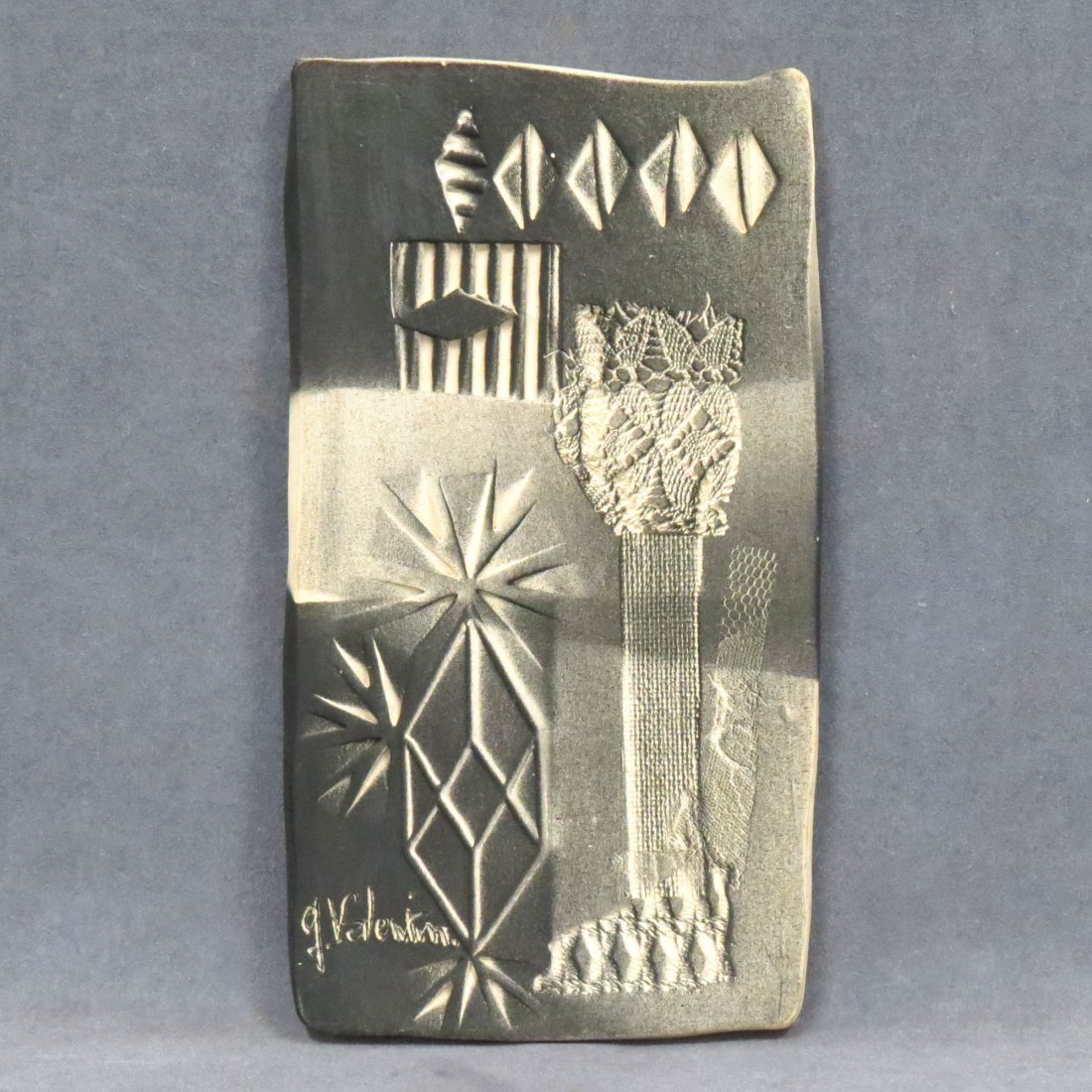 GILBERT VALENTIN (FRENCH 20TH CENTURY): GILBERT VALENTIN (FRENCH 20TH CENTURY), MODERNIST CERAMIC PANEL, SIGNED, C.1967. 12 X 7" (INFORMATION VERSO)