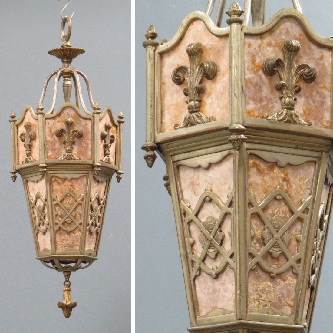 VINTAGE GILT METAL AND MICA INSET HALL LIGHT: VINTAGE GILT METAL AND MICA INSET HALL LIGHT. HEIGHT 24"