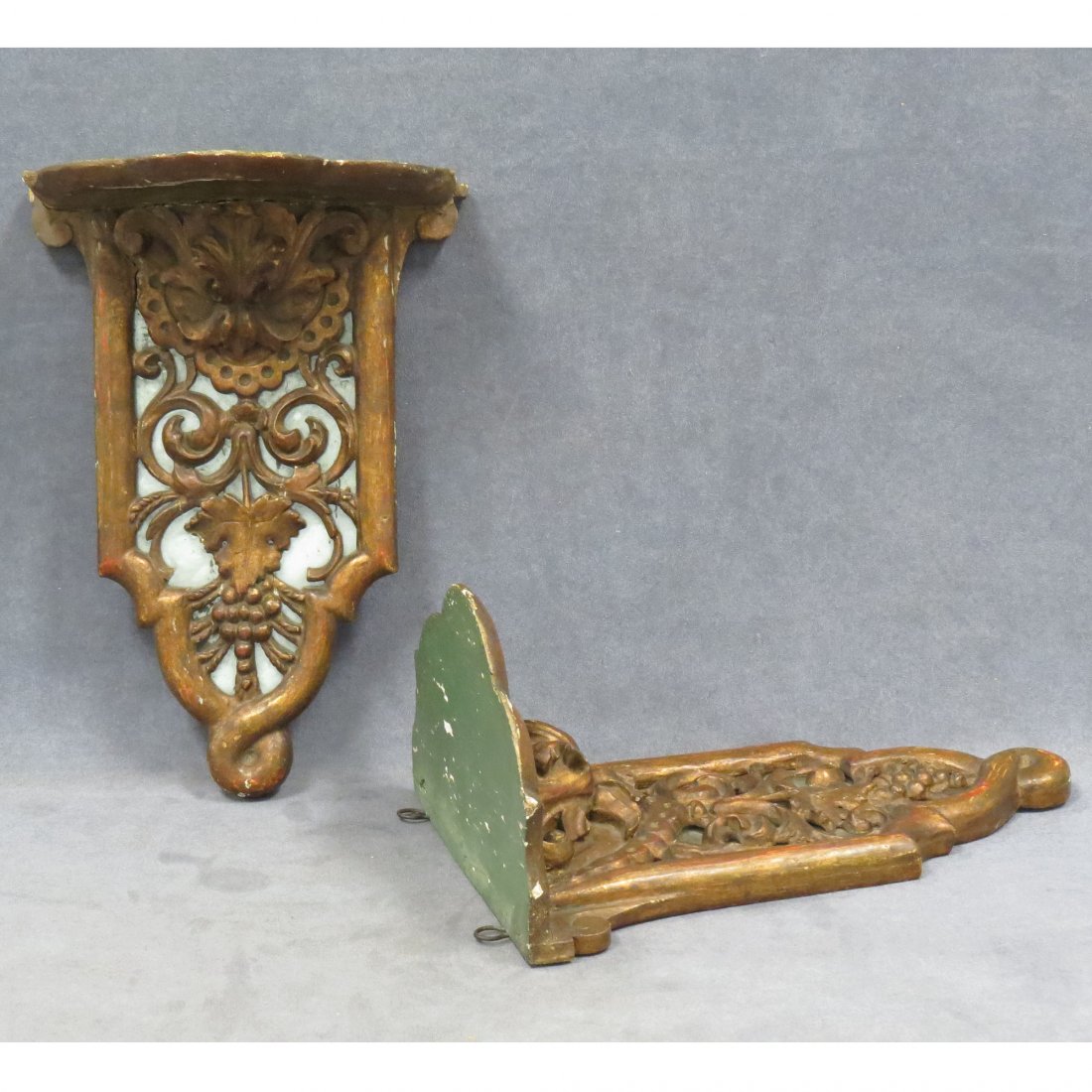 PAIR VENETIAN CARVED AND GILT SHELF BRACKETS: PAIR VENETIAN CARVED AND GILT SHELF BRACKETS WITH MIRROR BACKS, 19TH CENTURY. HEIGHT 14"