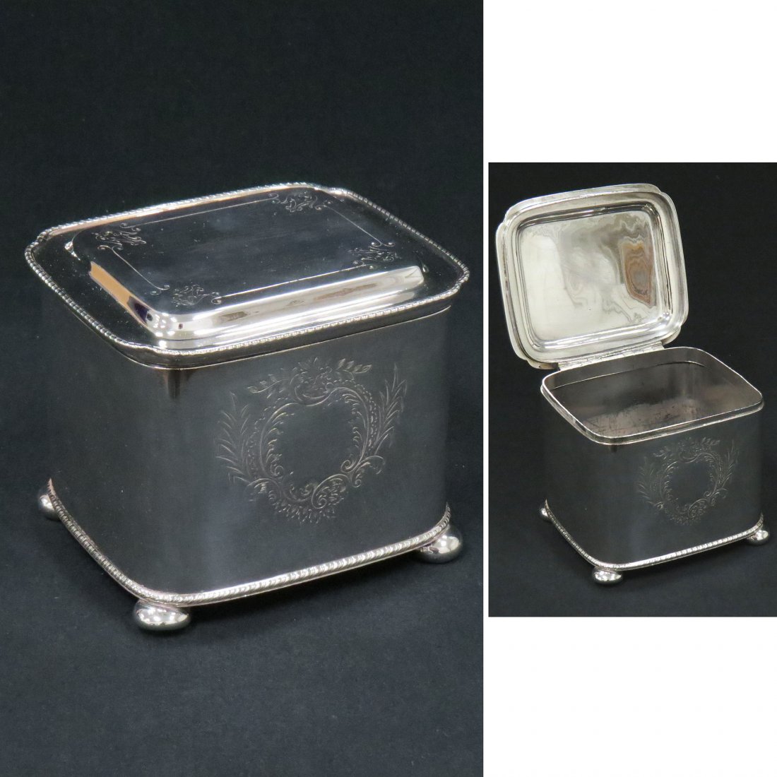 VICTORIAN STYLE SHEFFIELD PLATE ENGRAVED TEA CADDY