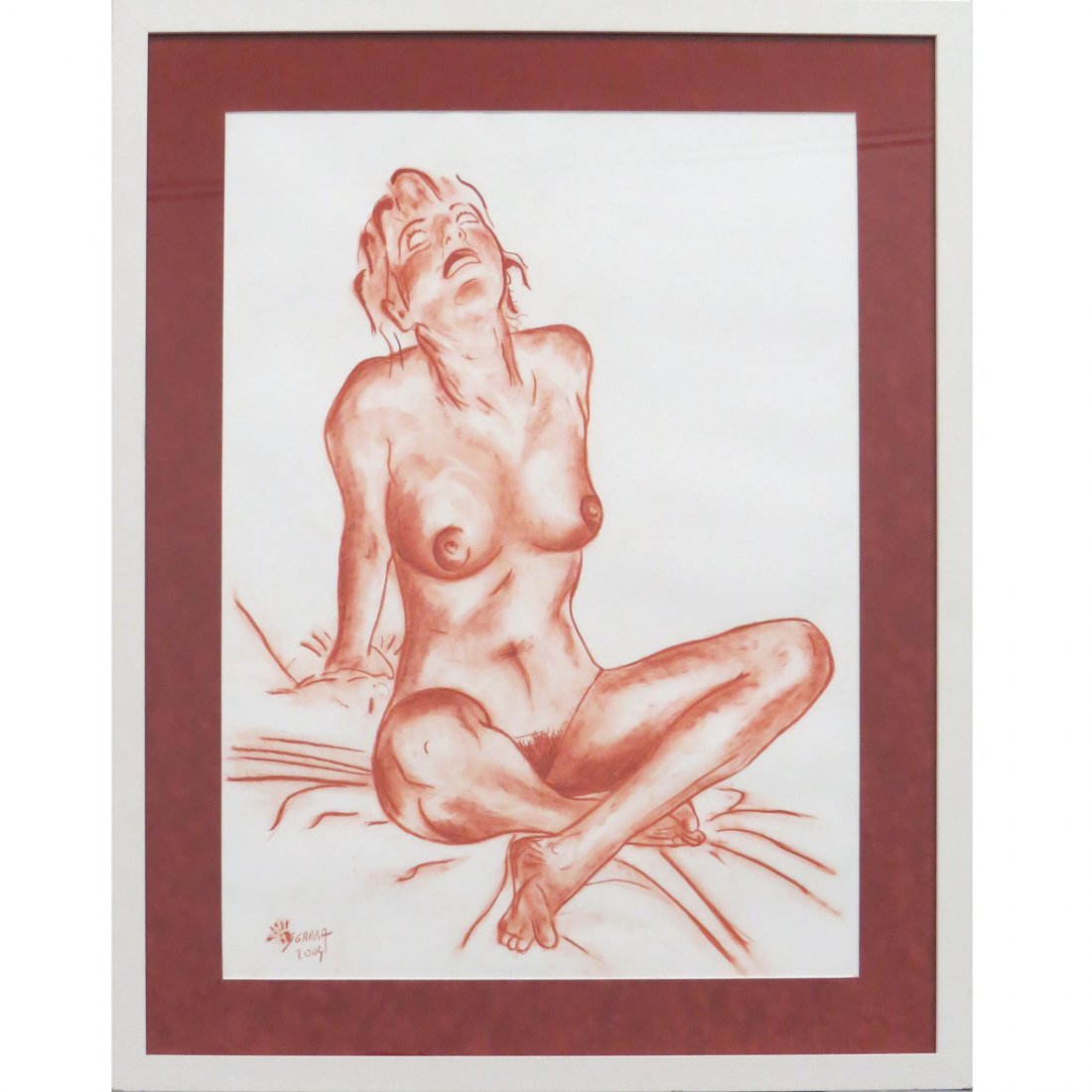 ROBERT SGARRA (FRENCH 20TH CENTURY), SANGUINE : ROBERT SGARRA (FRENCH 20TH CENTURY), SANGUINE CHALK ON ARCHES PAPER, FEMALE NUDE, SIGNED. SIGHT 30 X 22"; FRAMED AND GLAZED-38 X 30"