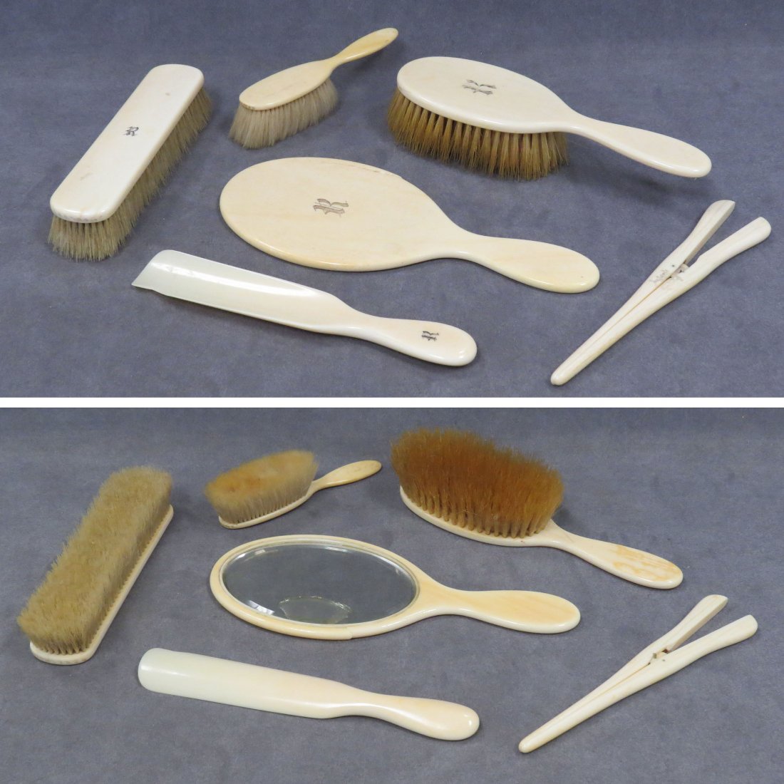 EDWARDIAN IVORY DRESSER SET (6), SIGNED GREAVES : EDWARDIAN IVORY DRESSER SET (6), SIGNED GREAVES LTD, NEW ST. BIRMINGHAM (IMPERFECTIONS) (WITH DEC CERTIFICATE #16-42) **CANNOT EXPORT**