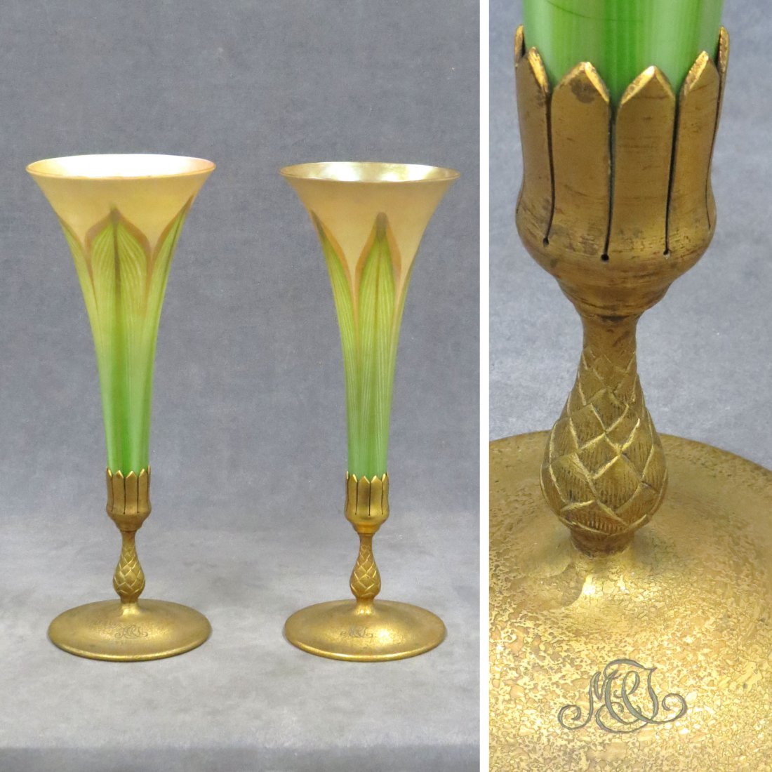 PAIR TIFFANY STUDIO FEATHER-PULL TRUMPET VASES: PAIR TIFFANY STUDIO FEATHER-PULL TRUMPET VASES WITH BRONZE BASES, MONOGRAMMED #1043. HEIGHT 14 1/4"